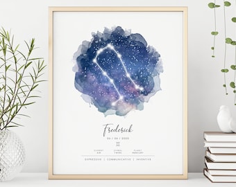 Personalized Gemini Zodiac Sign Print Birthday Gift for Him Digital Download Constellation Room Decor Poster Astrology Wall Art Printables