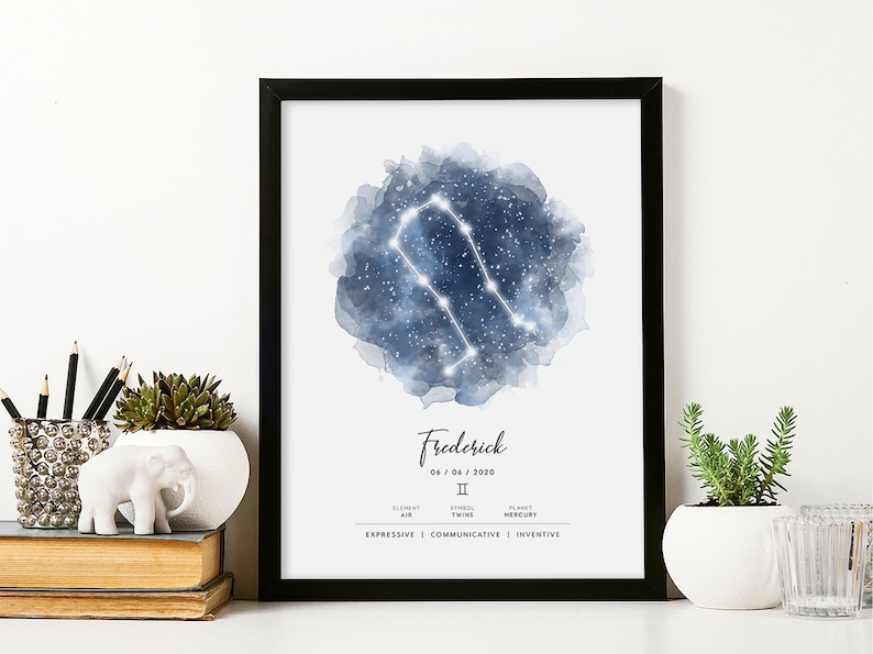 May include: A black framed print with a watercolor illustration of the Gemini constellation in blue and white. The print includes the name Frederick, the date 04.04.2000, the zodiac sign Gemini, the element Air, the ruling planet Mercury, and the words "Expressive | Communicative | Inventive".