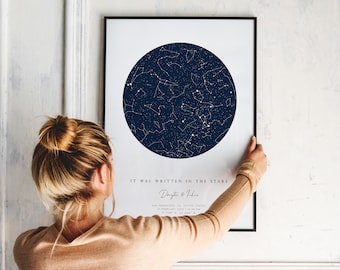 Personalized First Paper Anniversary Gift. Custom Star Map by Date Constellation Chart Night Sky DIGITAL DOWNLOAD Wall Art Print.