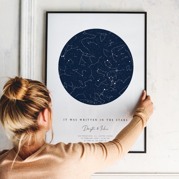 Personalized First Paper Anniversary Gift. Custom Star Map by Date Constellation Chart Night Sky DIGITAL DOWNLOAD Wall Art Print.
