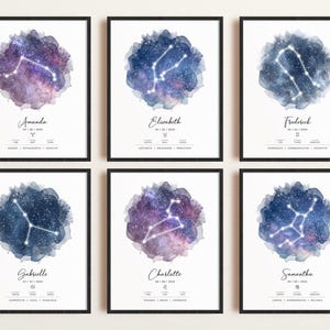 May include: Six printable constellation art prints with watercolor backgrounds. Each print features a different constellation with the name of the constellation and the name of a person. The constellations are Aries, Taurus, Gemini, Cancer, Leo, and Virgo.