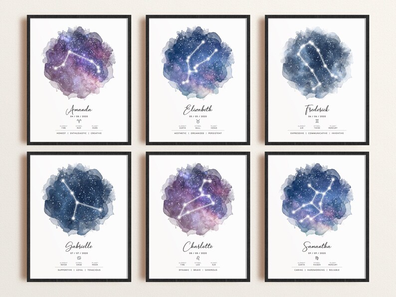 May include: Six printable constellation art prints with watercolor backgrounds. Each print features a different constellation with the name of the constellation and the name of a person. The constellations are Aries, Taurus, Gemini, Cancer, Leo, and Virgo.