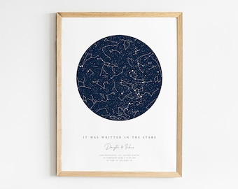 Carte des étoiles personnalisée par date, tableau de constellation, TÉLÉCHARGEMENT NUMÉRIQUE du ciel nocturne, impression d'art mural. Cadeau d'anniversaire pour couple lui mari.
