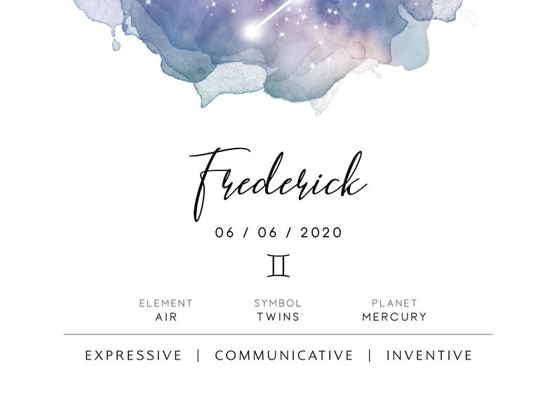 May include: A watercolor illustration of a Gemini zodiac sign with a starry background. The text "Frederick 06 / 06 / 2020" is below the sign. The words "Element: Air, Symbol: Twins, Planet: Mercury" are below the date. The words "Expressive | Communicative | Inventive" are below the planet.