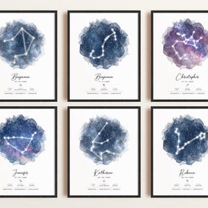 May include: Six printable constellation art prints with watercolor backgrounds. Each print features a different constellation with the name of the constellation and the name of a person. The constellations are Libra, Scorpio, Sagittarius, Capricorn, Aquarius, and Pisces.