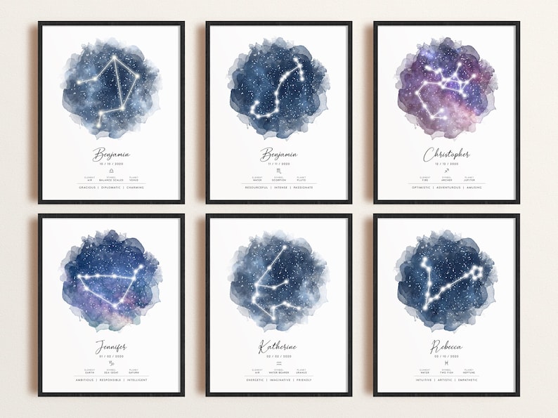 May include: Six printable constellation art prints with watercolor backgrounds. Each print features a different constellation with the name of the constellation and the name of a person. The constellations are Libra, Scorpio, Sagittarius, Capricorn, Aquarius, and Pisces.