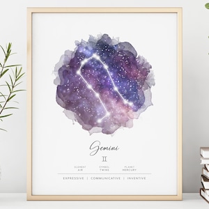 Gemini Zodiac Sign Constellation Astrology Celestial Wall Art Digital Download Printable Poster Print
