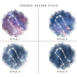 May include: Four different watercolor designs of the Gemini constellation. Each design features a different color scheme and style of watercolor background. The text "Choose Design Style" is at the top of the image. The designs are labeled "Style 1", "Style 2", "Style 3", and "Style 4".