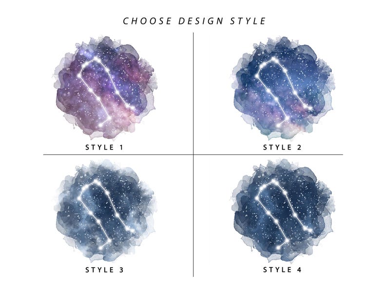 May include: Four different watercolor designs of the Gemini constellation. Each design features a different color scheme and style of watercolor background. The text "Choose Design Style" is at the top of the image. The designs are labeled "Style 1", "Style 2", "Style 3", and "Style 4".