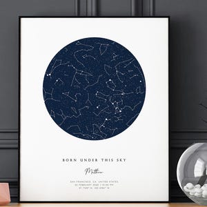 Cadeau d'anniversaire personnalisé pour elle, carte du ciel personnalisée, date de naissance, impression de ciel nocturne, jour de votre naissance, art mural pour chambre de bébé, téléchargement numérique