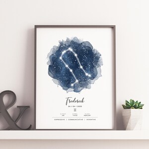 May include: A watercolor print of the Gemini constellation in a blue and white color scheme. The print features the name "Frederick" and the date "06 / 08 / 2020" along with the Gemini symbol. The print also includes the words "Expressive, Communicative, Inventive".