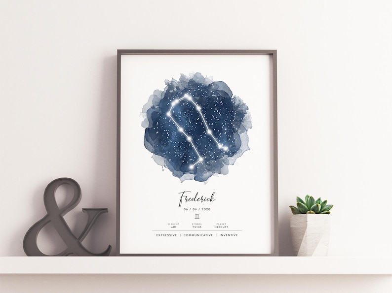 May include: A watercolor print of the Gemini constellation in a blue and white color scheme. The print features the name "Frederick" and the date "06 / 08 / 2020" along with the Gemini symbol. The print also includes the words "Expressive, Communicative, Inventive".