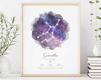 Personalized Virgo Zodiac Sign Birthday Gift for Her Him Celestial Astrology Wall Art Print