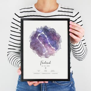 May include: A framed watercolor print of the Gemini constellation with a purple and blue nebula background. The print includes the name Frederick, the date 06 / 08 / 2000, the Gemini symbol, and the words "Expressive, Communicative, Inventive".