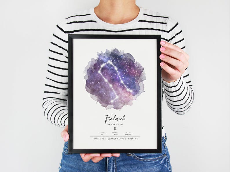 May include: A framed watercolor print of the Gemini constellation with a purple and blue nebula background. The print includes the name Frederick, the date 06 / 08 / 2000, the Gemini symbol, and the words "Expressive, Communicative, Inventive".