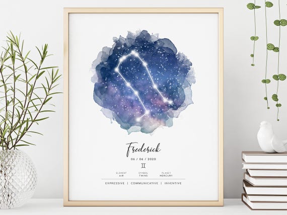 Personalized Gemini Zodiac Sign Wall Art Print, Celestial Astrology Birthday Gift for Her Him