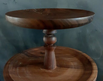 Soporte para pasteles de nogal torneado a mano, pedestal para postres, diseño renacentista.