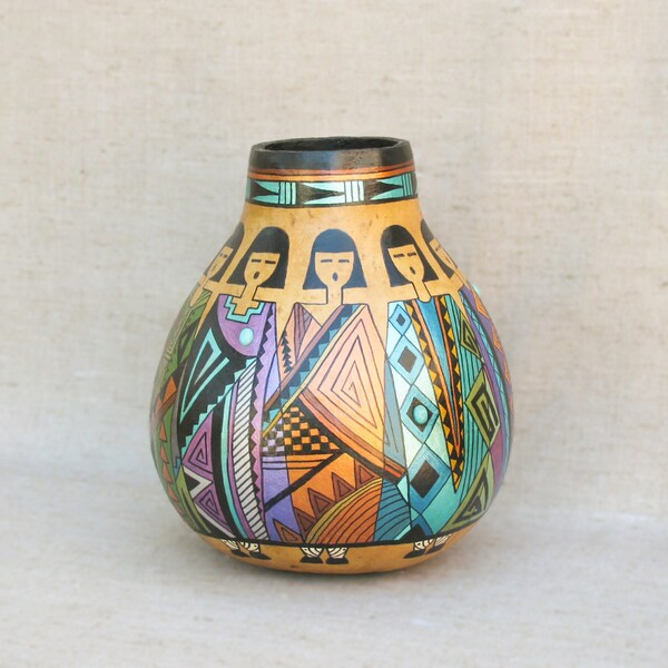 Southwestern Hand Painted Gourd Pot Women Maiden Dancers Singers Design Turquoise Accents Southwest Pottery - Inspired #123