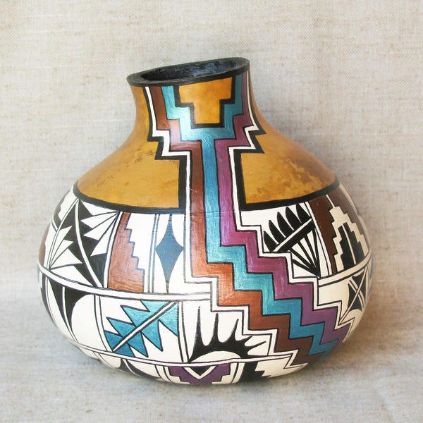 Southwestern Hand Painted Gourd Pot Geometric Design Stylized Cloud Steps Feathers Arrows Southwest Pottery - Inspired #167