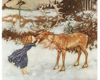 Sweet girl kissing a reindeer | Gerda and the Reindeer | Christmas woodland | Edmund Dulac book illustration | Fantasy wall art