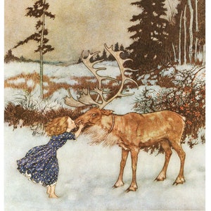 Sweet girl kissing a reindeer Gerda and the Reindeer Christmas woodland Edmund Dulac book illustration Fantasy wall art image 1