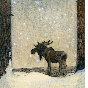 El alce bajo el cielo estrellado: ilustración de cuento de hadas del bosque de Navidad de John Bauer de 1913