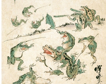 Vintage frog art | Battle of the frogs | Kawanabe Kyosai sketch | 19th century Asian art | Water, swamp animal | Modern vintage décor