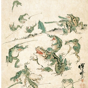 Vintage frog art | Battle of the frogs | Kawanabe Kyosai sketch | 19th century Asian art | Water, swamp animal | Modern vintage décor