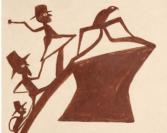 May include: A brown ink drawing of three figures with top hats, one standing on a rock, another on a branch, and the third on a branch with a bird on top.