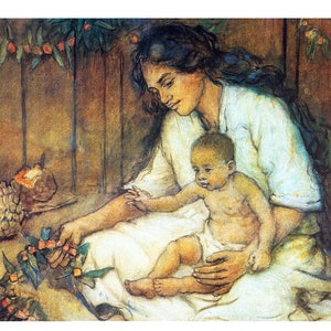 Vintage portrait of motherhood | Hawaiian Mother and Child | Parent and child wall art | Person of color art | Charles W. Bartlett