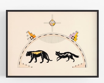 Awa Tsireh Pueblo Art Print: Mountain Lion and Fox Giclée Reproduction