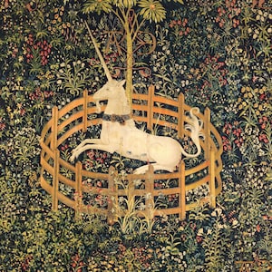 Medieval unicorn print | the Unicorn tapestries | Unicorn in captivity | Dark Academia | Antique floral forest | Fantasy wall art | Tapestry