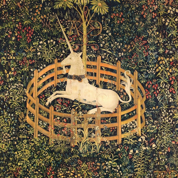 Medieval unicorn print | the Unicorn tapestries | Unicorn in captivity | Antique floral forest | Fantasy wall art | Tapestry art