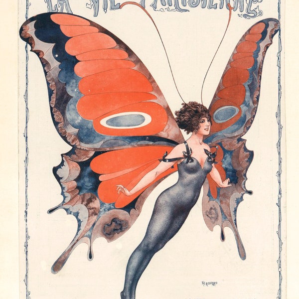 Vintage French fashion plate | Woman as a butterfly | Chéri Hérouard 1920's art | Art nouveau wall art | Metamorphosis illustration