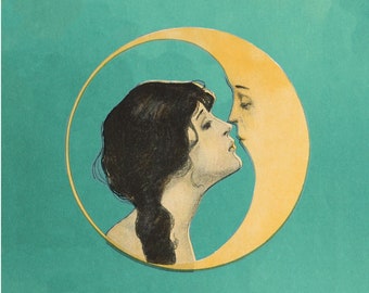 Woman Kissing Moon Art Print: Vintage Celestial Romance