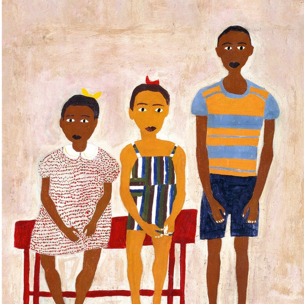 Portrait of 3 children | Vintage African American folk art | Black artist | Primitive Americana wall art | Person of color art