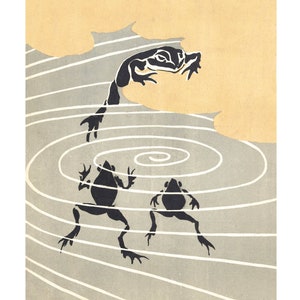 Vintage frog art | Frogs in a pond on a lily pad | Woodcut wall decor | Asian art | Japanese water, swamp animal | Asai Chû