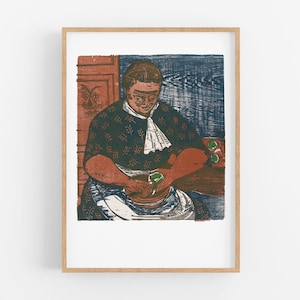May include: A woodblock print of a person sitting at a table, wearing a dark green patterned dress with a white collar, and holding a green object in their hands. The background is a dark blue and red.