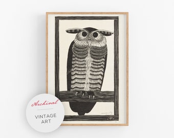 Vintage owl fine art print | Art nouveau animal woodcut |  Modern vintage décor | Ready to frame & gift