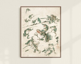 19th Century Kawanabe Kyosai Sketch - Battle of the Frogs Vintage