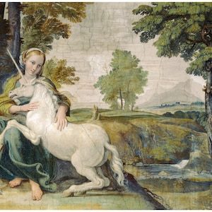 Vintage unicorn print | Maiden & the Unicorn | Renaissance painting | Fantasy wall art | Domenichino | Italian artist | 17th century fresco