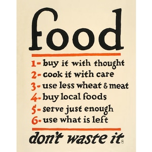 Food: Don&#39;t waste it sign | Light academia aesthetic | WWI Poster | Food rules | Kitchen, food wall art | Vintage typography | US Food Admin