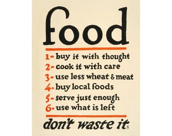 Food: Don't waste it sign | Light academia aesthetic | WWI Poster | Food rules | Kitchen, food wall art | Vintage typography | US Food Admin