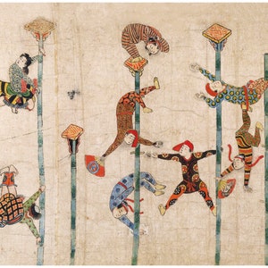May include: A vintage illustration depicting a group of people performing acrobatics on tall poles. The figures are dressed in colorful, patterned clothing and are contorted in various poses. The poles are painted green and have square platforms at the top.