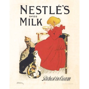 Nestle&#39;s milk ad | Girl in red dress with cats | Theophile Steinlen print | Kitchen, food wall art | Vintage advertisement