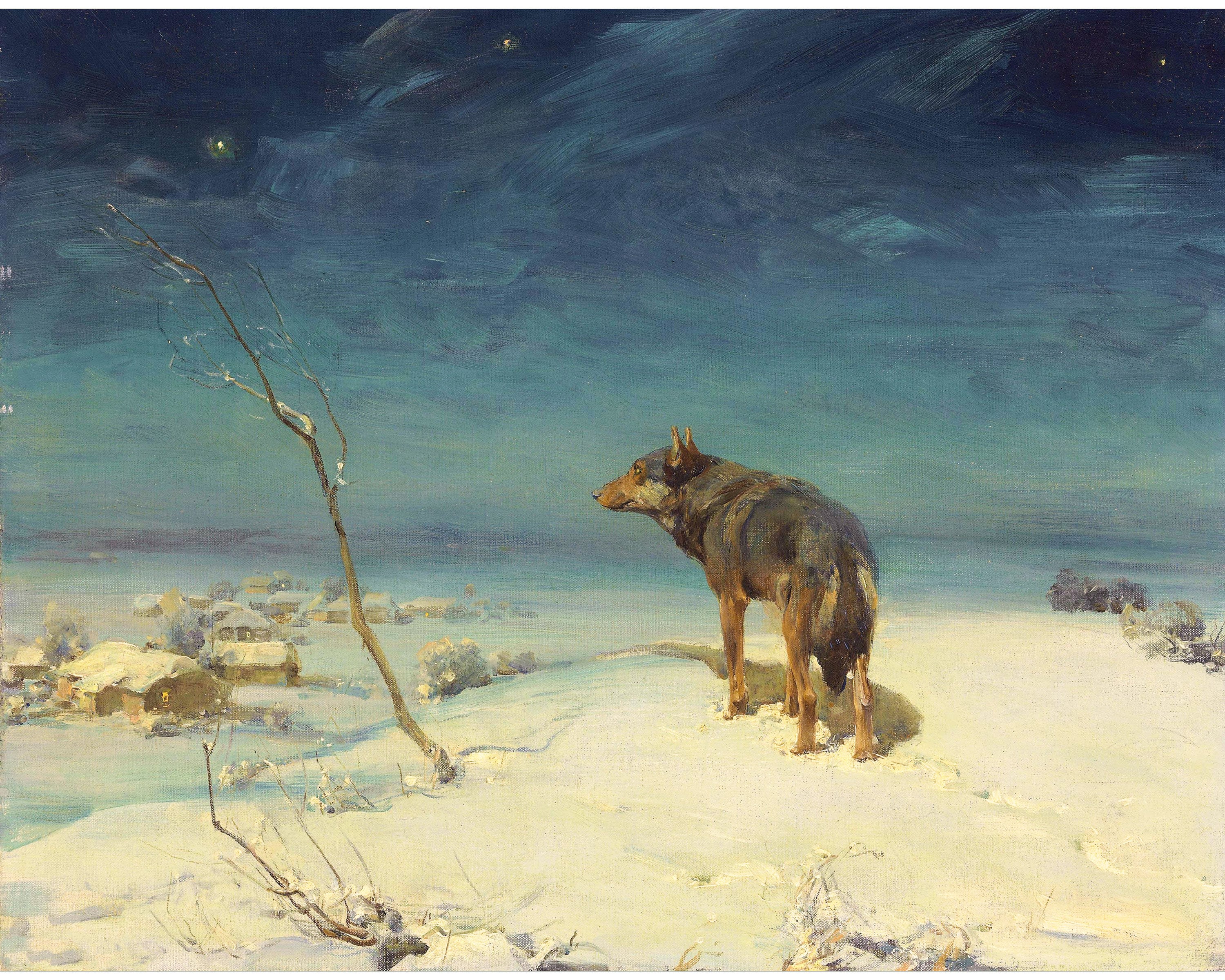 Lone Wolf Art Print - 1890 Vintage Wildlife Winter Painting by