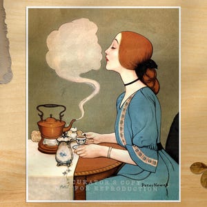 May include: Vintage art print featuring a woman in a blue dress exhaling a cloud of steam. A copper teapot, teacup, and decorative jar are on a table. The artwork has a classic, old-fashioned style.