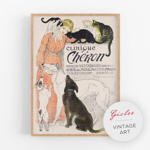 May include: Vintage poster advertising a veterinary clinic called "Clinique Cheron" in Paris, France. The poster features a woman surrounded by dogs and cats, with the clinic's name and address printed in black and white text.
