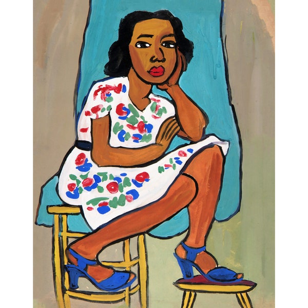 Woman in a flowered dress portrait | Vintage African American folk art | Black artist | Primitive Americana wall art | Person of color art