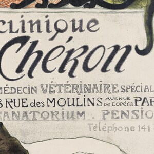 May include: Black and white vintage advertisement for a veterinary clinic called "Clinique Cheron" located at 8 Rue des Moulins, Avenue de l'Opera, Paris. The ad also includes the text "M&eacute;decin V&eacute;t&eacute;rinaire Sp&eacute;cialiste", "Sanatorium", "Pension", and "T&eacute;l&eacute;phone 141.06".
